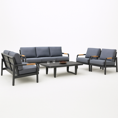 Outdoor Lounge Set Built for Entertaining, Powder-Coated Aluminum Frame, Teak Accents, Quick-Dry Cushions
