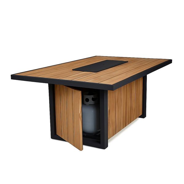 Fire Table Built for Gatherings, 60 Inch Linear Burner, Wood-Grain Composite Top, Steel Frame
