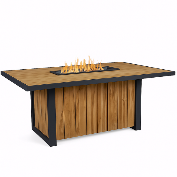 Fire Table Built for Gatherings, 60 Inch Linear Burner, Wood-Grain Composite Top, Steel Frame
