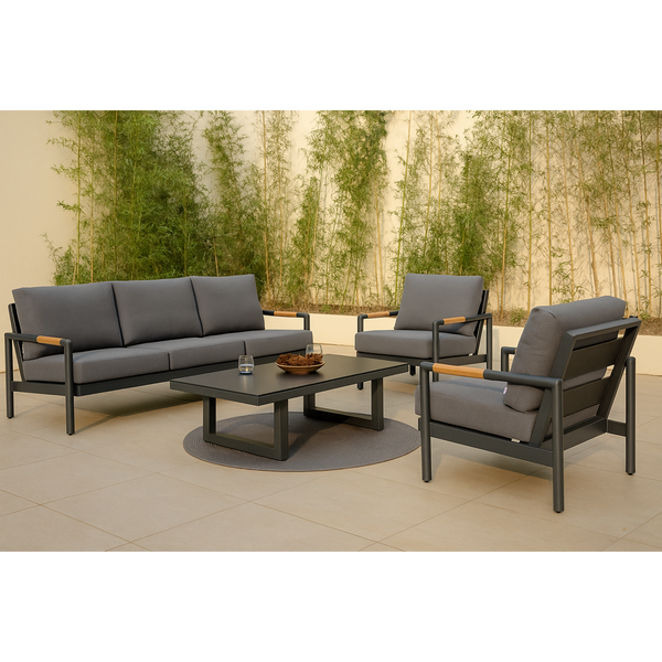 Outdoor Lounge Set Built for Entertaining, Powder-Coated Aluminum Frame, Teak Accents, Quick-Dry Cushions