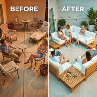 Modular Patio Furniture Set Built for Entertaining, Premium Teak Platform, U-Shape Configuration, Seats 6-8 — Before & After
