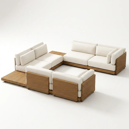 Modular Patio Furniture Set Built for Entertaining, Premium Teak Platform, U-Shape Configuration, Seats 6-8 — Studio Shot