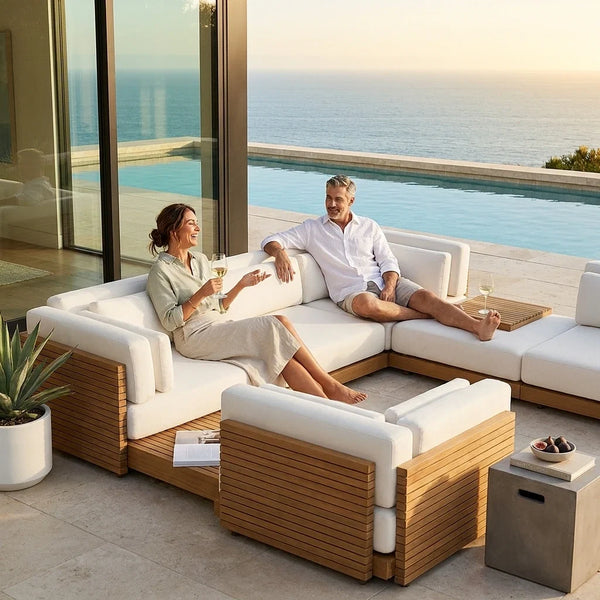 Modular Patio Furniture Set Built for Entertaining, Premium Teak Platform, U-Shape Configuration, Seats 6-8